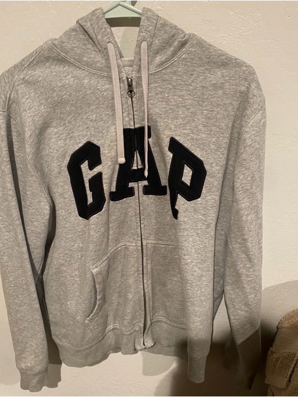 GAP Light Gray Zip-Up Hoodie with Black Lettering